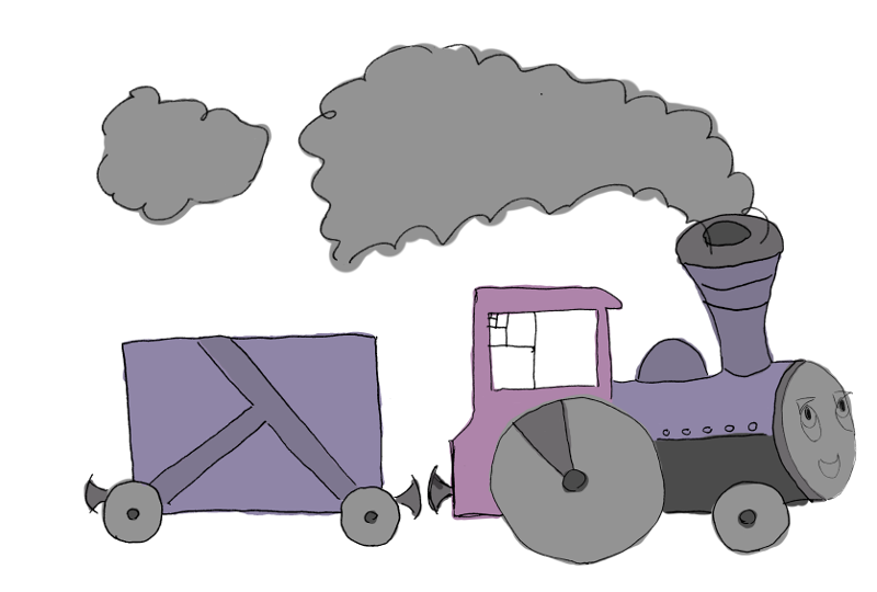 A hand-drawn locomotive pulling one wagon